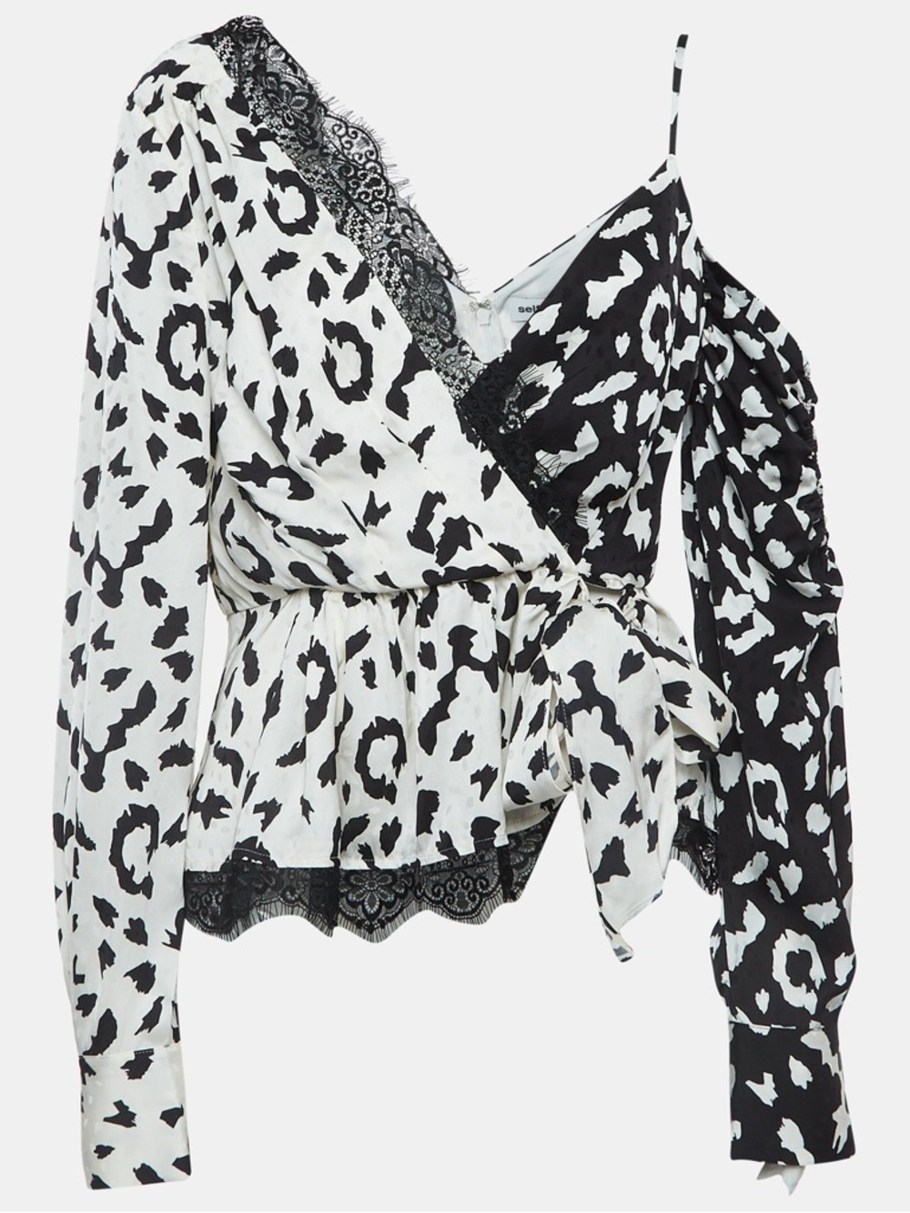 Self-Portrait Black & White Leopard-Print Wrap Blouse with Lace Trim